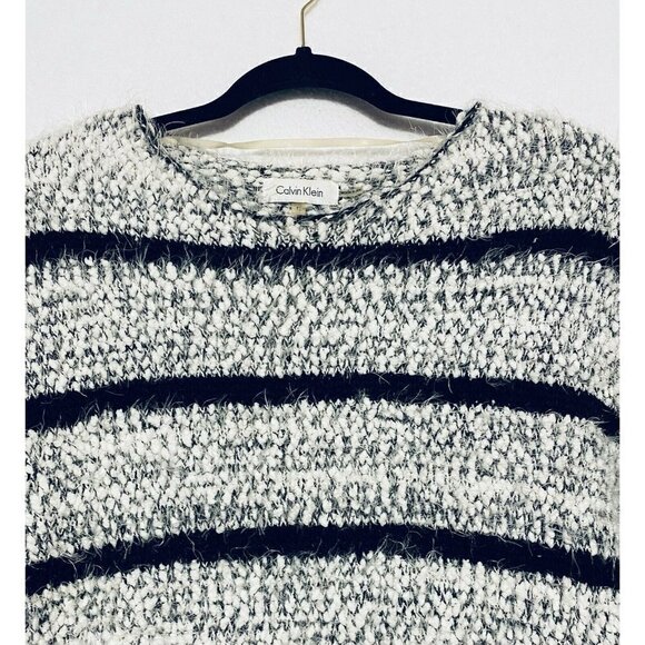 Calvin Klein Sweater Womens Medium Birch Black Striped Chenille Knit Slouchy - Picture 2 of 6